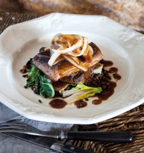 Pan-Seared Calf’s Liver with Bacon Lentils, Sautéed Greens and Caramelized Onion-Balsamic-Vinegar Sauce