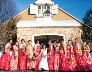 Shades of salmon were used for attendants’ gowns./ Winter-inspired “trees” topped the dinner tables.