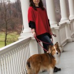 Katie’s oversized red sweater with black accents is from Z; the long-sleeved T is from Festoon.