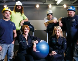 Taking advantage of the company gym at Dutchland, Inc., are (seated, left to right) Sylvia Kauffman and Amy Jaros. Standing are: Dave Pennington, Austin Smoker, Coby Long and Don Liney.