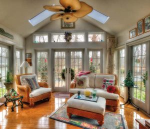 A sitting room that is part of the master suite is one of Elaine’s favorite rooms in the house. Andy Wood, a retired Cocalico teacher, built the addition. Deer often congregate outside the windows at night. “The first time I noticed them, it startled me!” Elaine says. She loves to start her day here with a cup of coffee.