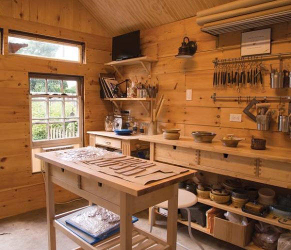 The interior of the light-filled studio is equipped with all the tools and materials Sheri needs to create her pottery pieces. Work tables help to keep things neat and organized. The firing and glazing processes are handled at Lancaster Clay Studios in Landisville.