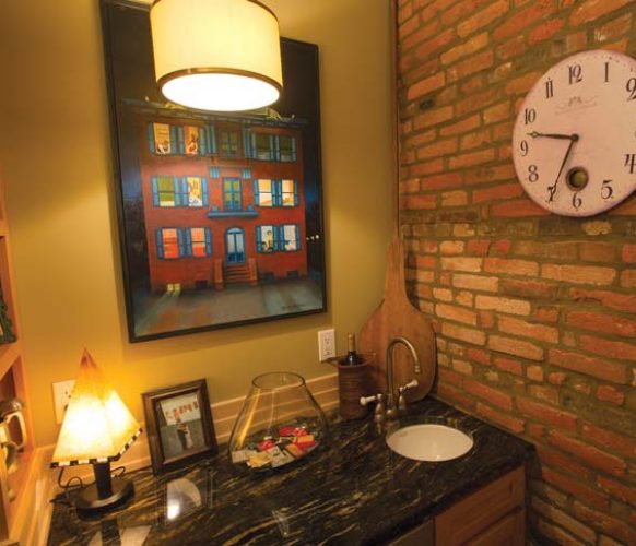 The painting of Bube’s Hotel has sentimental value, as Sheri’s grandmother lived down the street from the Mount Joy landmark. Sheri purchased it at an auction that followed an Art Walk event in town. “The auction provided seed money for a revitalization project,” she explains. The second-floor wet bar was carved from space that was once a closet.