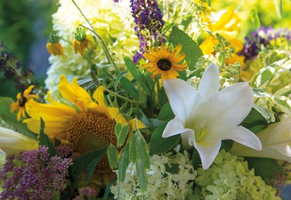 Floral arrangements were composed of fresh-cut items from the garden.