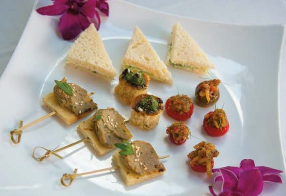 Tomatoes, cucumbers and pesto highlighted this tray of hors d’oeuvres.